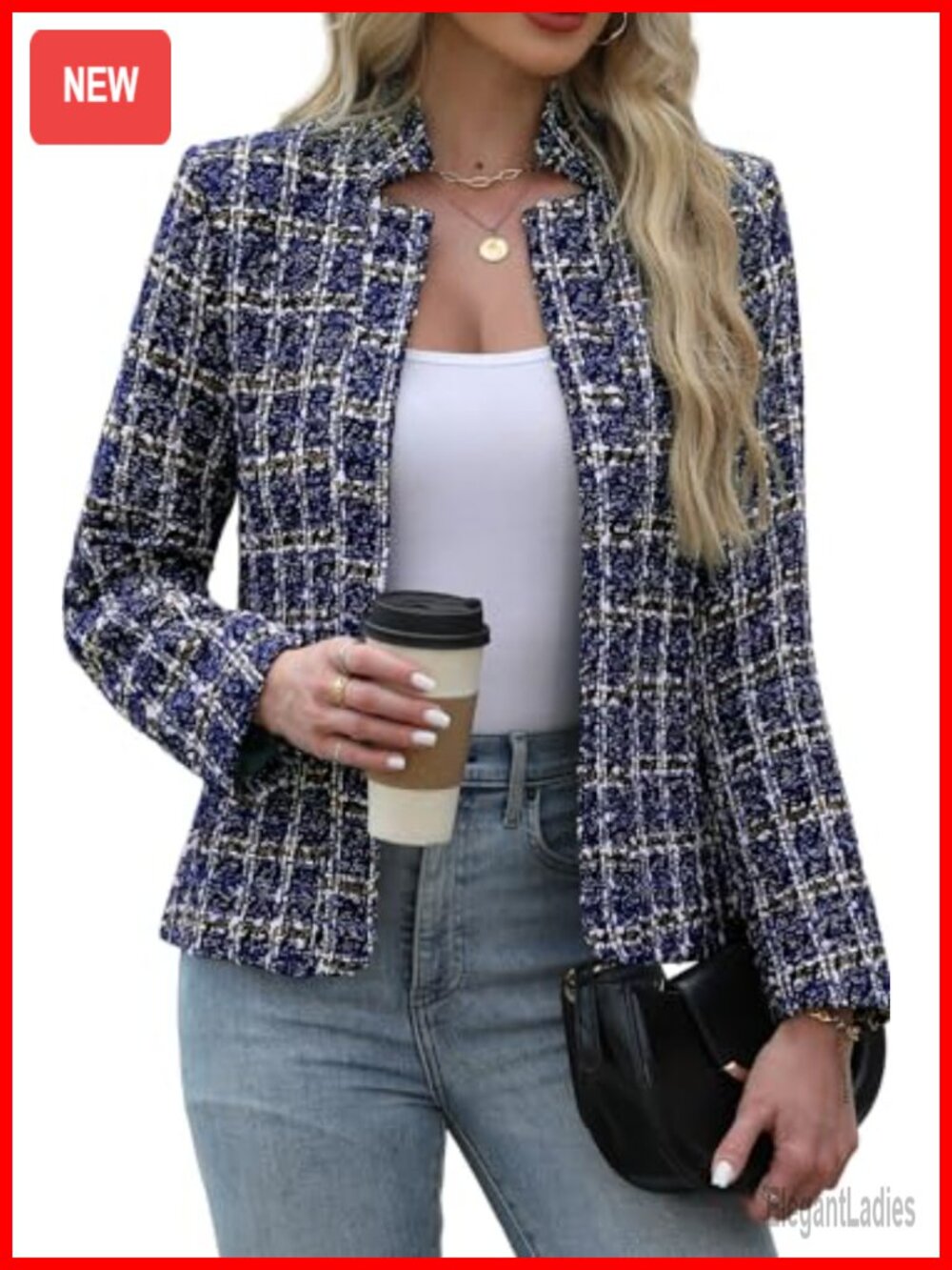 Tweed Open Front Blazer Notch Collar Long Sleeve Slim Fit